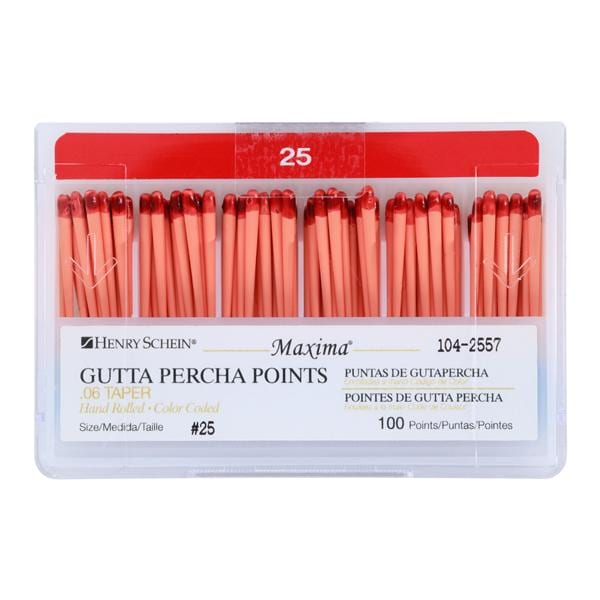 Maxima Hand Rolled Gutta Percha Points Size 25 Red 100/Bx