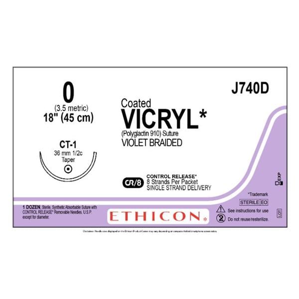 Coated Vicryl Suture 0 18" Polyglactin 910 Braid CT-1 Violet 12/Bx