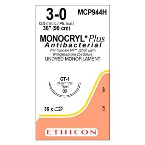 Monocryl Plus Suture 3-0 36" Triclosan/Polyglecaprone 25 Mnflmnt CT1 Undyd 36/Bx
