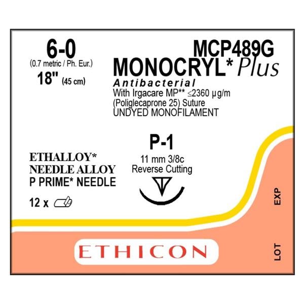 Monocryl Plus Suture 6-0 18" Triclosan/Polyglecaprone 25 Mnflmnt P-1 Undyd 12/Bx