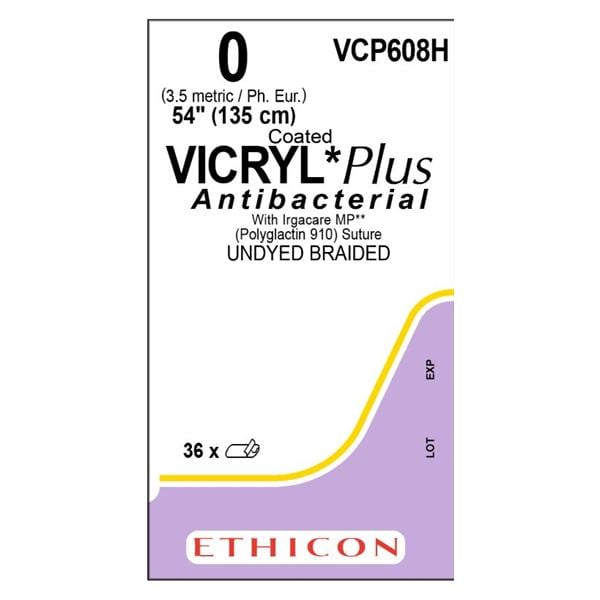 Coated Vicryl Plus Suture 0 54" Triclosan/Polyglactin 910 Braid Undyed 36/Bx