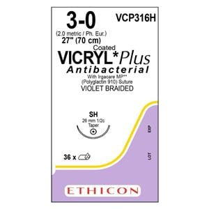 Coated Vicryl Plus Suture 3-0 27" Triclosan/Polyglactin 910 Braid SH Vio 36/Bx