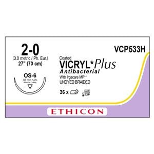 Coated Vicryl Plus Suture 2-0 27" Triclosan/Polyglactin 910 Brd OS-6 Undyd 36/Bx