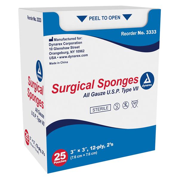 100% Cotton Gauze Sponge 3x3" 12 Ply Sterile Not Made With Natural Rubber Latex