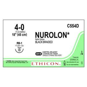 Nurolon Suture 4-0 18" Nylon Braid RB-1 Black 12/Bx