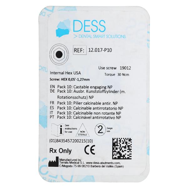 Abutment Castable Plastic-Polyoxymethylene Engag 3.5 Zimmer Internal Hex 10/Pk