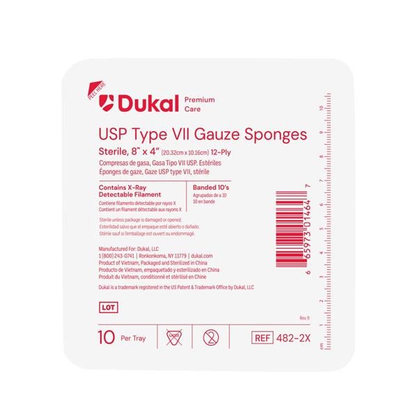 100% Cotton Gauze Type VII Sponge 8x4" 12 Ply X-Ray Detectable LF