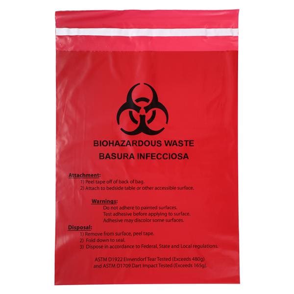 Biohazard Waste Bag 2mil 14x12" Red Stick-On Plastic 100/Bx