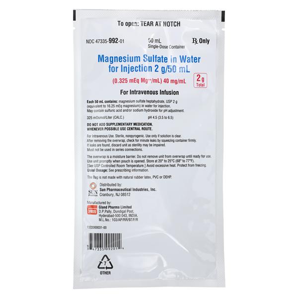 Magnesium Sulfate in Water Injection 40mg/mL 2gm Bag 50mL 24/Package