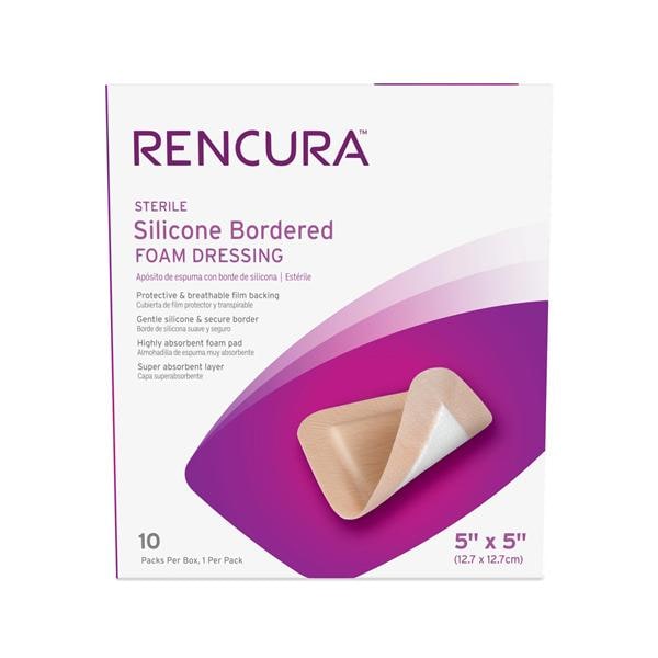Rencura Silicone/Foam Bordered Dressing 5x5" Sterile Square White/Tan Spr Abs, 10 BX/CA