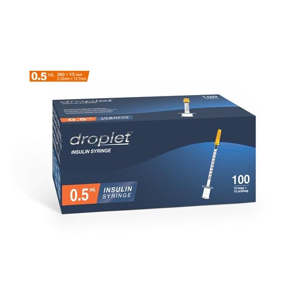 Droplet Insulin Syringe/Needle 31gx6mm 0.5mL Protective Cap LDS 100/Bx