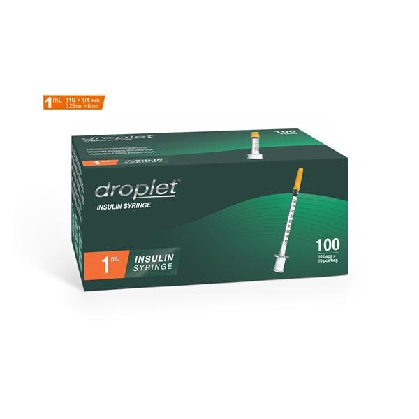 Droplet Insulin Syringe/Needle 31gx6mm 1mL Protective Cap Low Dead Space 100/Bx