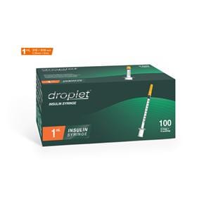 Droplet Insulin Syringe/Needle 31gx8mm 1mL Protective Cap Low Dead Space 100/Bx