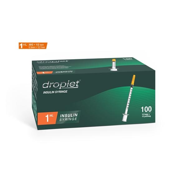 Droplet Insulin Syringe/Needle 30gx12.7mm 1mL Protective Cap LDS 100/Bx