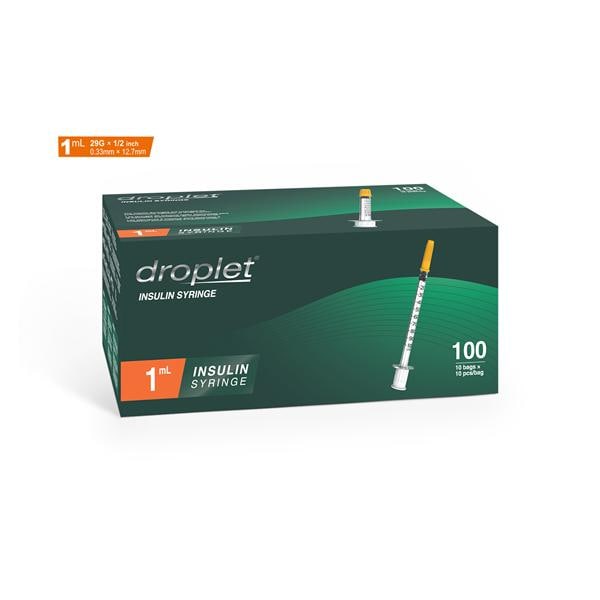 Droplet Insulin Syringe/Needle 29gx12.7mm 1mL Protective Cap LDS 100/Bx