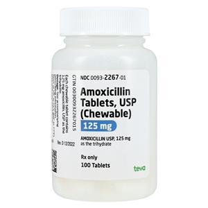 Amoxicillin Chewable Tablets 125mg Bottle 100/Bottle Each