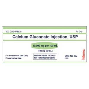 Calcium Gluconate Injection 100mg/mL Pharmacy Bulk Pack 100mL 20/Package