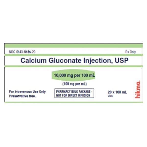 Calcium Gluconate Injection 100mg/mL Pharmacy Bulk Pack 100mL 20/Package