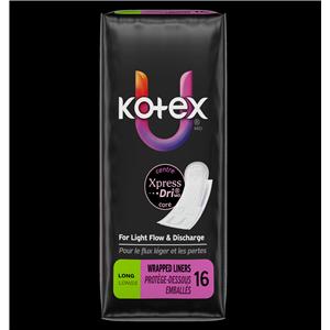 Kotex U Panty Liner Long White Disposable Fragrance Free 16/Pk
