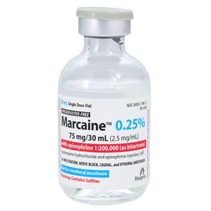 Marcaine w/Epinephrine Injection 0.25% 1:200,000 Preservative Free SDV 30mL Each, 50 VL/CA