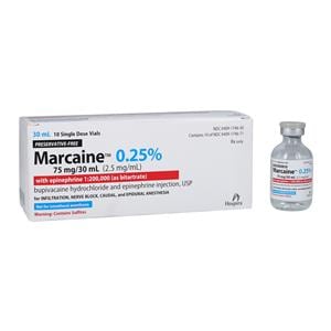 Marcaine w/Epinephrine Injection 0.25% 1:200,000 PF SDV 30mL 10/Package