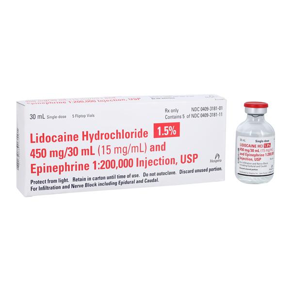 Lidocaine HCl Epinephrine Injection 1.5% 1:200,000 PF SDV 30mL 5/Package