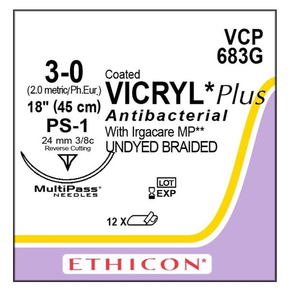 Vicryl Plus Suture 3-0 18" Triclosan/Polyglactin 910 Braid PS-1 Undyed 12/Bx