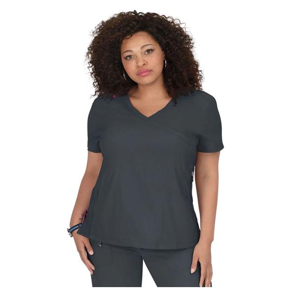 Scrub Top Mock Wrap V-Neck 3 Pockets Short Sleeves Small Charcoal Womens Ea