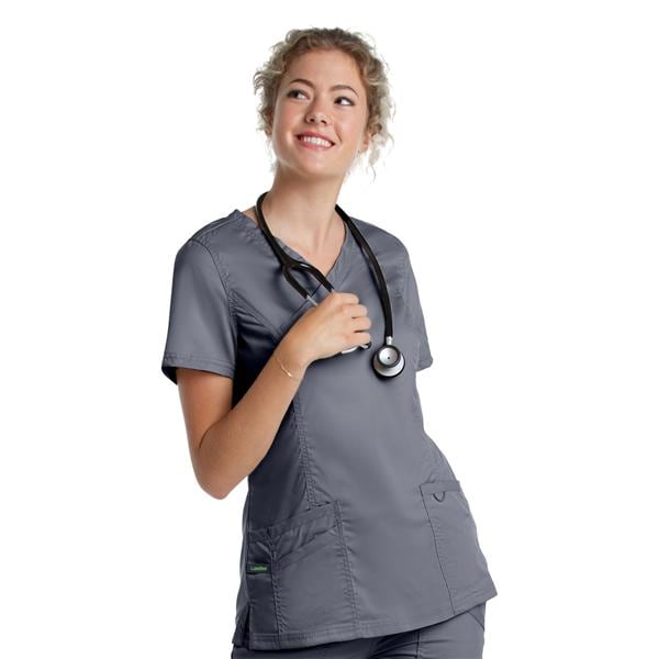 Scrub Top V-Neck Tunic 3 Pockets Small Steel Womens Ea