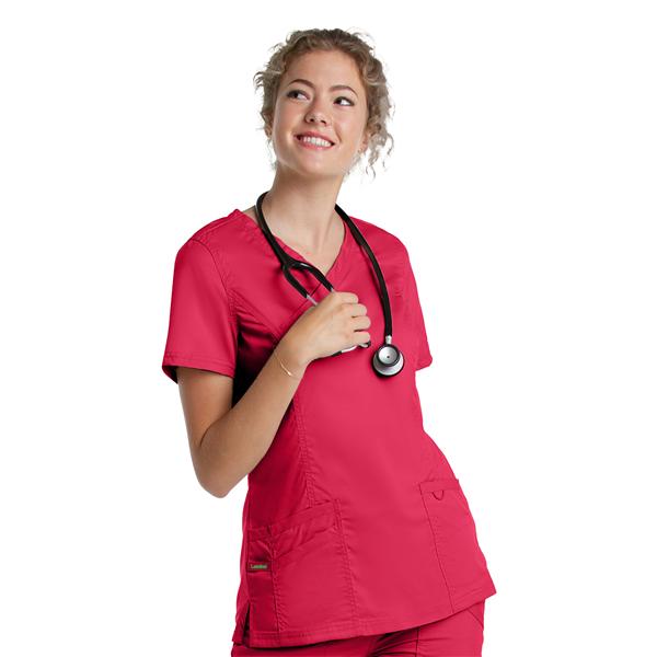 Scrub Top V-Neck Tunic 3 Pockets Large True Red Womens Ea