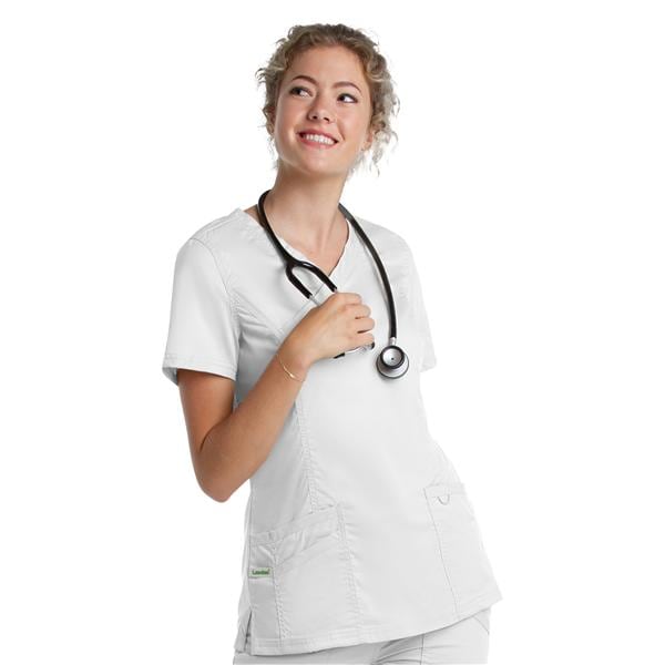 Scrub Top V-Neck Tunic 3 Pockets Large White Womens Ea