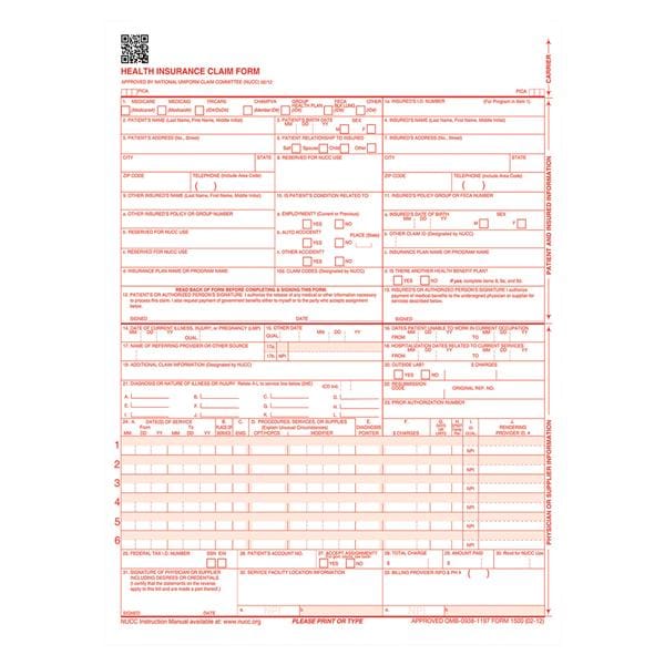 Insurance Claim Forms CMS-1500 2012 Laser Cut 8.5 in x 11 in White 1000/Pk