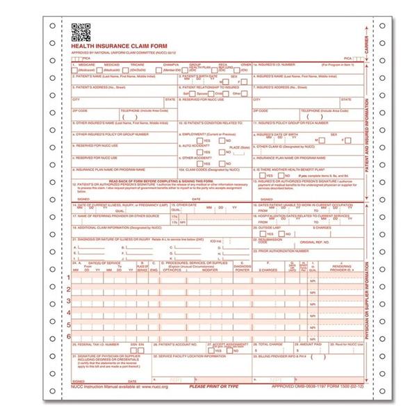 Insurance Claim Forms CMS-1500 2012 2-Part Continuous 8.5x11 Wht/Cnry 1000/Pk