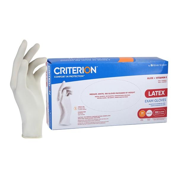 Criterion Aloe + Vitamin E Latex Exam Gloves Medium White Non-Sterile 100/Bx