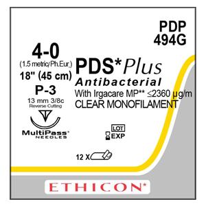 PDS Plus Suture 4-0 18" Triclosan, Polydioxanone Monofilament P-3 Undyed 12/Bx