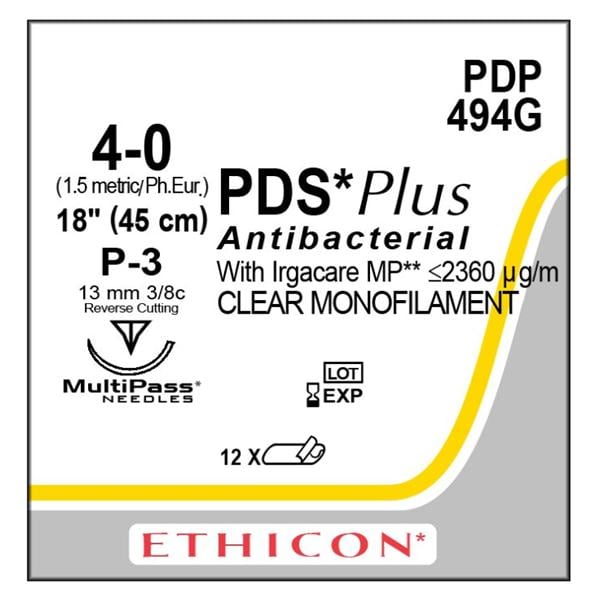 PDS Plus Suture 4-0 18" Triclosan, Polydioxanone Monofilament P-3 Undyed 12/Bx