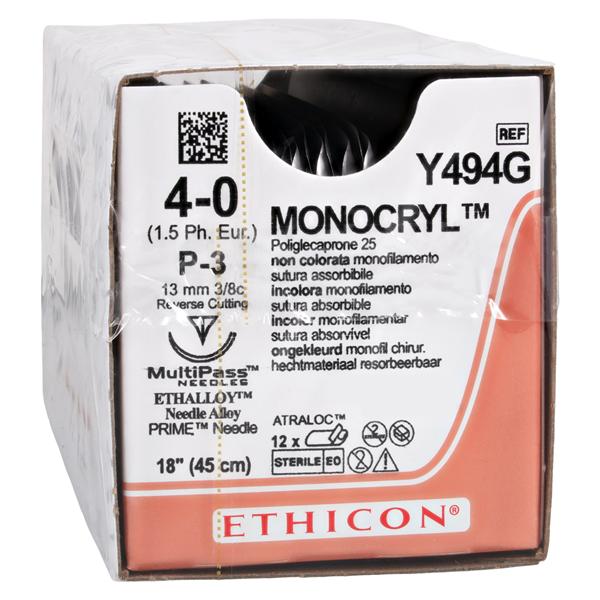 Monocryl Suture 4-0 18" Poliglecaprone 25 Monofilament P-3 Undyed 12/Bx