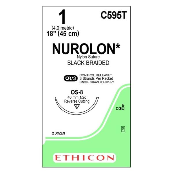 Nurolon Suture 1 3x18" Nylon Braid OS-8 Black 24/Bx