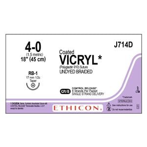 Vicryl Suture 4-0 8-18" Polyglactin 910 Braid RB-1 Undyed 12/Bx