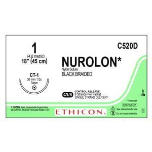 Nurolon Suture 1 8-18" Nylon Braid CT-1 Black 12/Bx