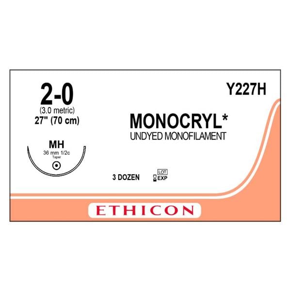 Monocryl Suture 2-0 1x27" Poliglecaprone 25 Monofilament MH Undyed 36/Bx