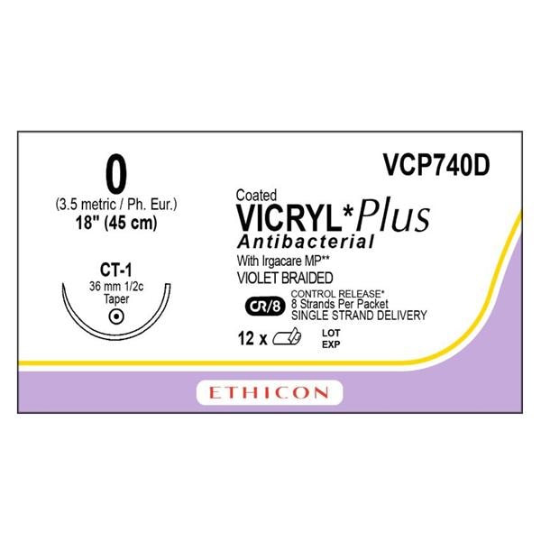 Vicryl Plus Suture 0 8-18" Triclosan/Polyglactin 910 Braid CT-1 Violet 12/Bx