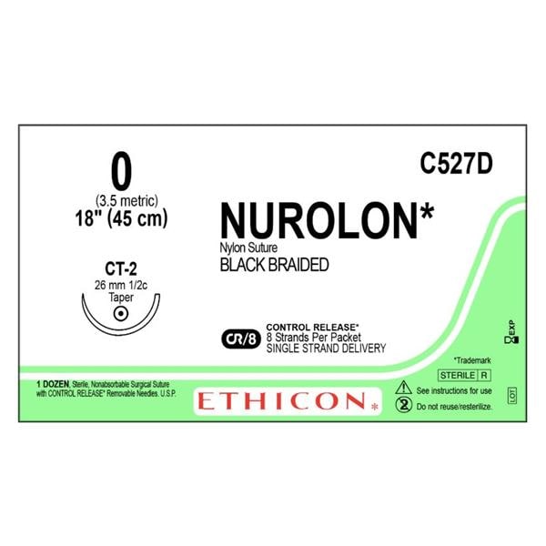 Nurolon Suture 0 8-18" Nylon Braid CT-2 Black 12/Bx