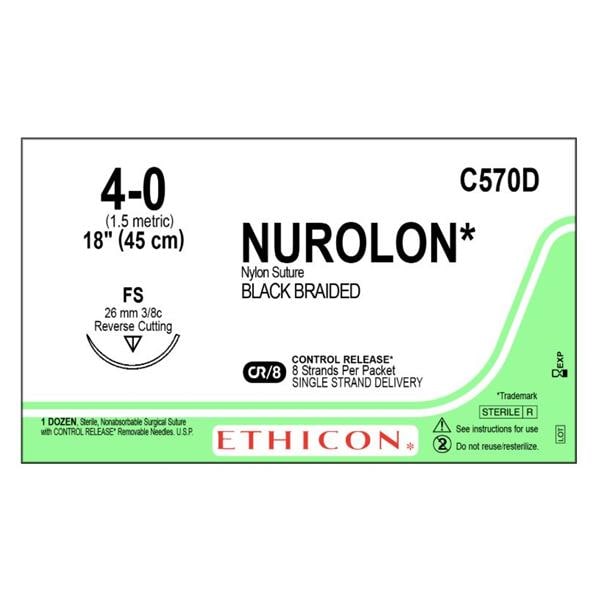 Nurolon Suture 4-0 8x18" Nylon Braid FS Black Bx