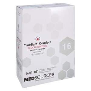 TrueSafe Blood Control IV Catheter Push Button 16 Gauge 1.16" Gray 50/Bx, 4 BX/CA