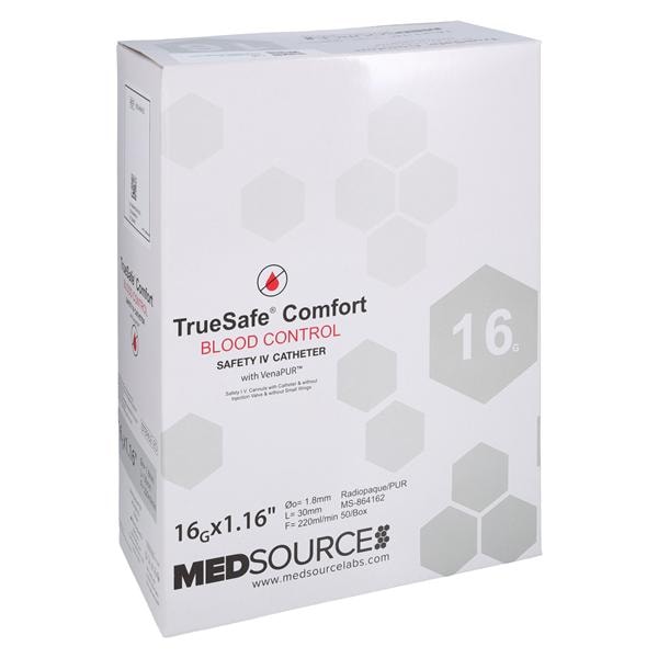 TrueSafe Blood Control IV Catheter Push Button 16 Gauge 1.16" Gray 50/Bx, 4 BX/CA