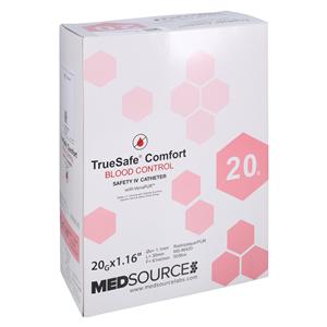 TrueSafe Blood Control IV Catheter Push Button 20 Gauge 1.16" Pink 50/Bx