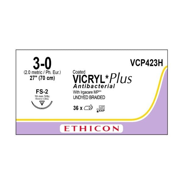 Vicryl Plus Suture 3-0 27" Triclosan/Polyglactin 910 Braid FS-2 Undyed 36/Bx