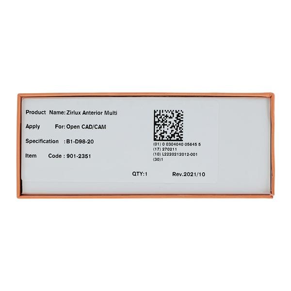 Zirlux Anterior Multi Zirconia Disc B1 98x20mm Ea