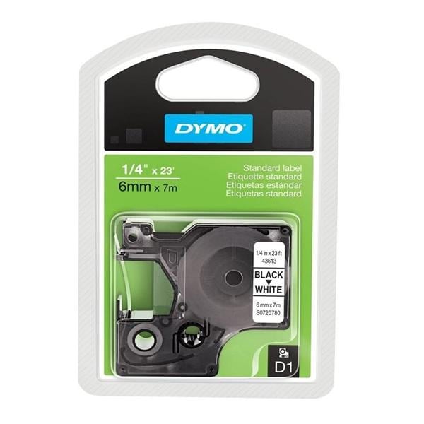 DYMO D1 43613 Black On White Tape 0.25 in x 23 ft Ea